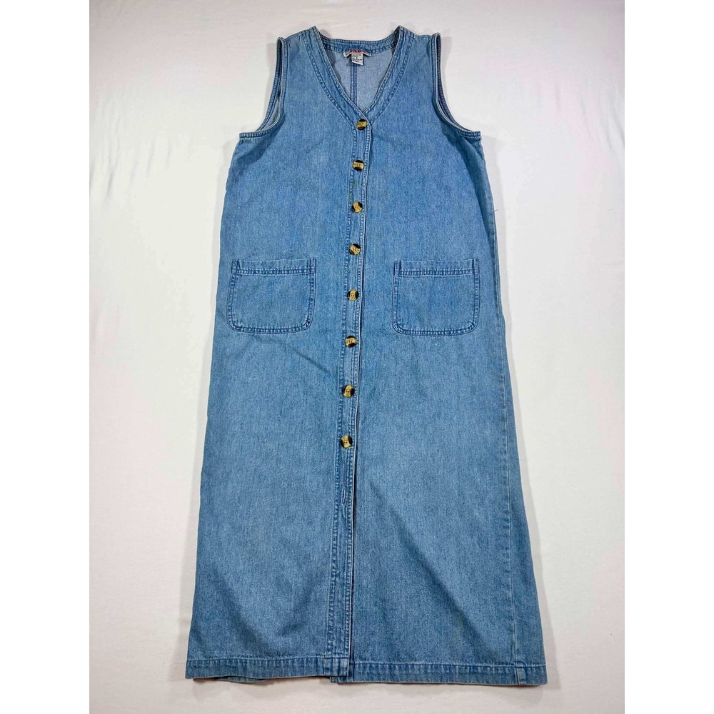 Vintage Fads Denim Jumper Dress Womens 8 Blue Cotton Button Front Maxi Dress